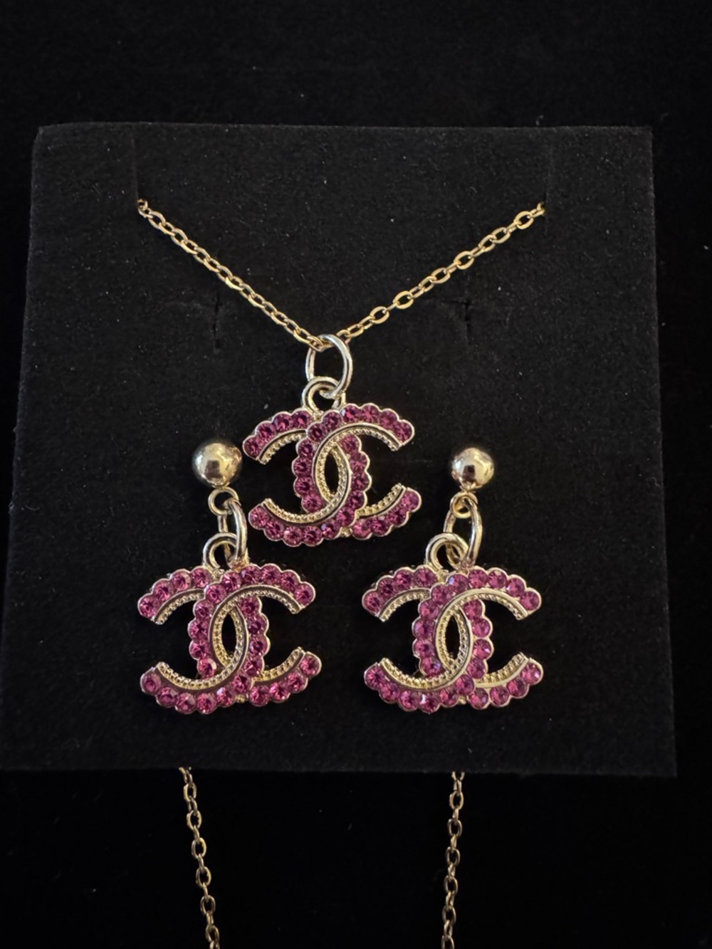 CHANEL Gold-Tone Necklace & Earrings with Pink Crystal CC Logos